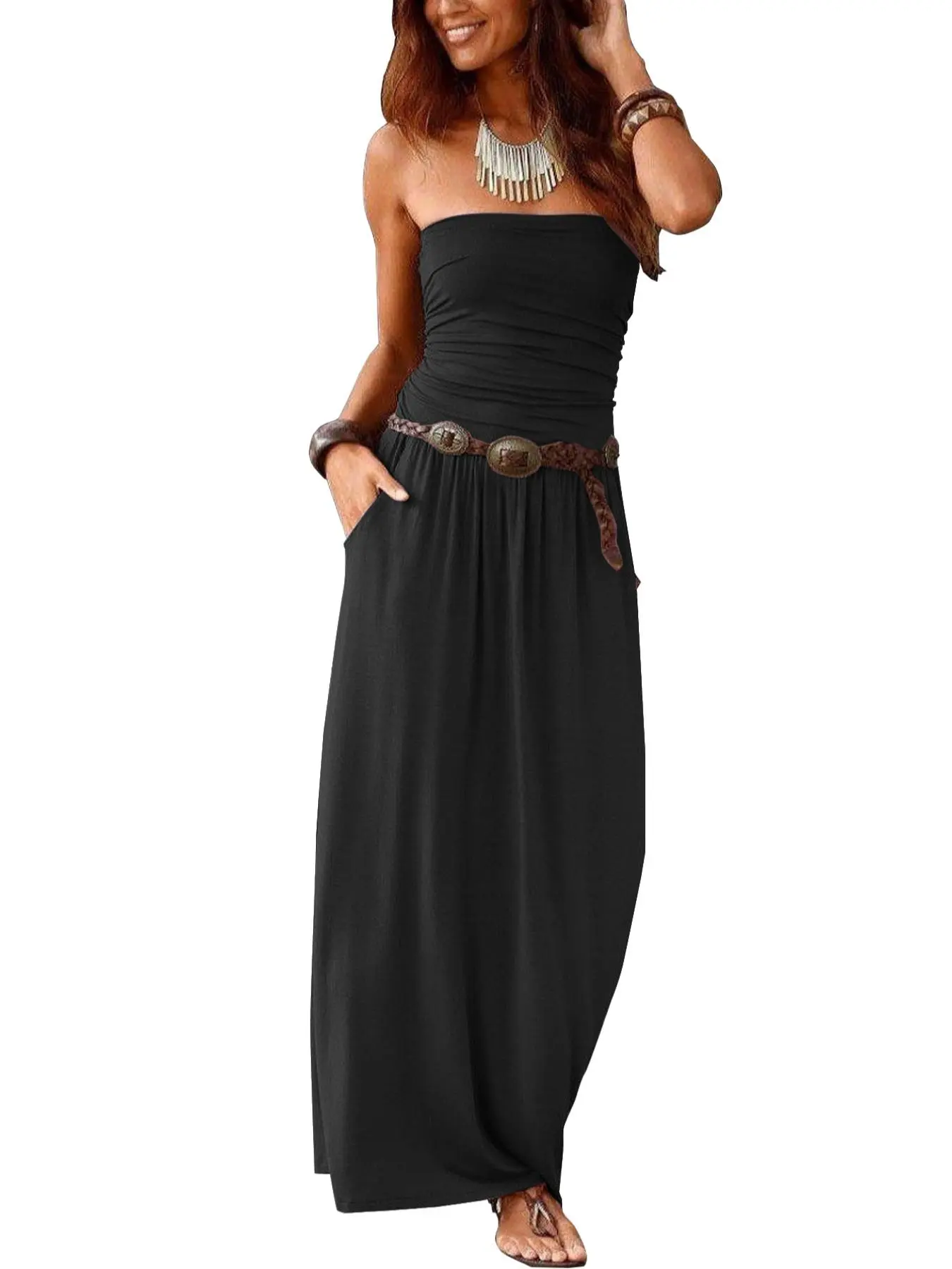 Women's Plain Pocket Sleeveless Tube Dress without Belt, Fitted Sleeveless Dress with Pockets, Casual Basic Solid Color Elegant Slim Fitting Strapless Bodycon Long Dress for Summer, Fashion Women's Clothing for Daily Wear, Womenswear, Lady