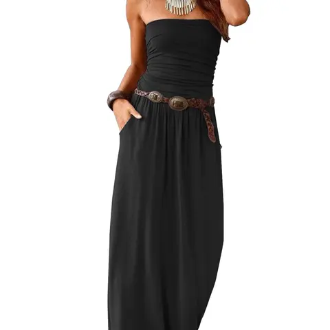 Women's Elegant Plain Pockets Tube Dress without Belt, Casual Basic Solid Color Slim-Fitting Strapless Long Dress for Summer, Fashion Women's Clothing for Daily Wear