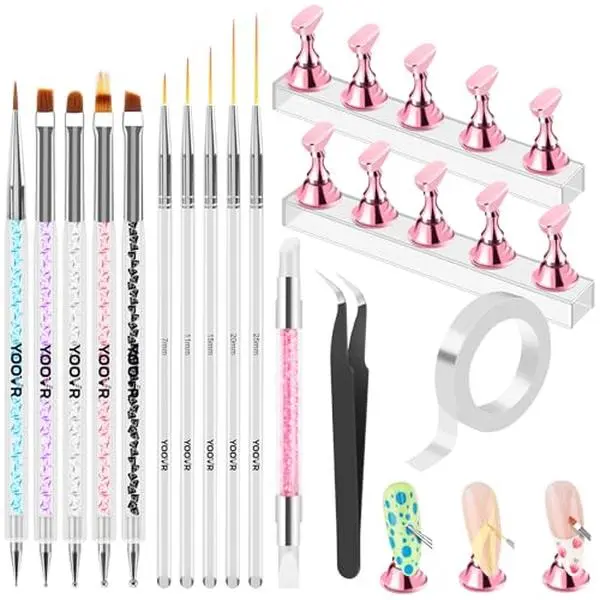 YOOVR Nail Art Tools Set, Nail Stand for Press on Holder for Painting Nails, Nail Art Brushes and Dotting Tools, Nail Design Tools Supplies, Gel and Builder Brush, French Tip Brush, Liner Brush