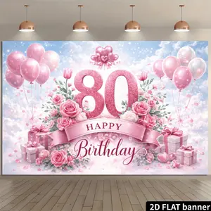 2D Flat Banner, 1pc Pink Flower 80th Birthday Backdrop, Featuring Pink Number, Large Pink Bow, Pink Ribbon, "Birthday" Text, Pink Balloons, Pink Flowers (roses, Daisies), Pink Hearts, Pink Streamers, Light