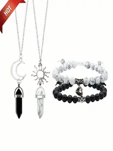 Unisex Fashion Marble Heart Magnet Beaded Bracelet & Moon & Sun Pendant Necklace, Matching Jewelry Set, Fashion Jewelry for Party, Daily Clothing Decor, Trendy All-match & Exquisite Jewelry for Birthday Gift