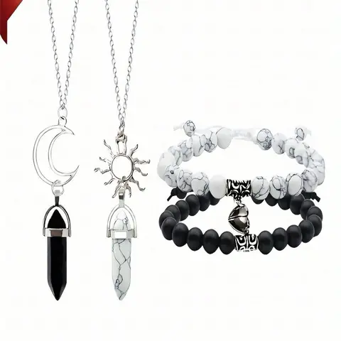 Unisex Fashion Marble Heart Magnet Beaded Bracelet & Moon & Sun Pendant Necklace, Matching Jewellery Gift Set, Fashionable Jewelry Set, Fashion Jewelry for Party, Daily Clothing Decor, Trendy All-match & Exquisite Jewelry for Birthday Gift, Jewelry Sets