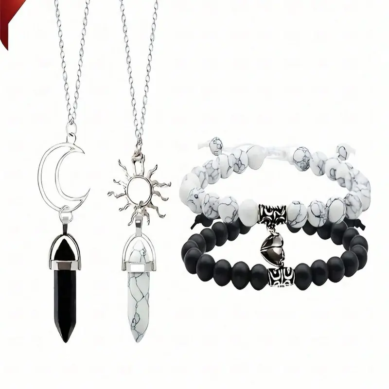 Unisex Fashion Marble Heart Magnet Beaded Bracelet & Moon & Sun Pendant Necklace, Matching Jewellery Gift Set, Fashionable Jewelry Set, Fashion Jewelry for Party, Daily Clothing Decor, Trendy All-match & Exquisite Jewelry for Birthday Gift, Jewelry Sets