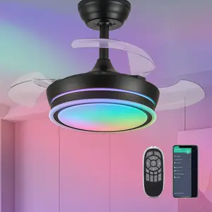30" Retractable RGB Chandelier Ceiling Fans Dimmable Fandelier Ceiling Fan with Lights and Remote APP Control for Living Dinning Room Bedroom Gold