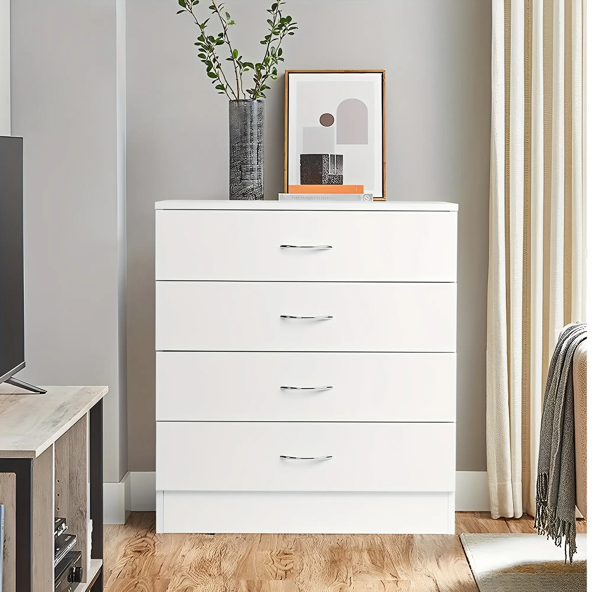 Karl home 4 Drawer Dresser for Bedroom, Small Chests of Drawers Modern Nightstand, White Dresser Chest with 4 Storage Drawers, Dressers for Nursery, H