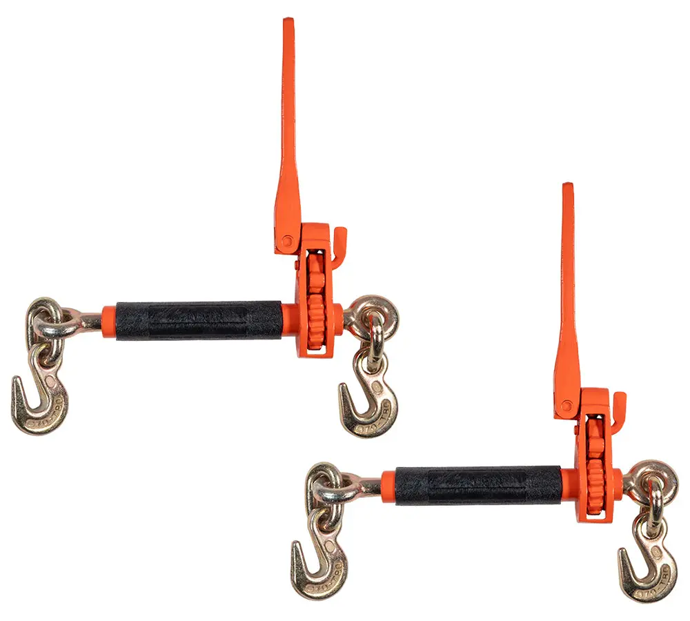 2 Pack 5/16" - 3/8" Hi-Viz Orange Quick Ratchet Folding Handle Ratchet Load Binder w/Grab Hook 7,100 lbs WLL | Tie Down Hauling Chain Binders for Flatbed Truck Trailer