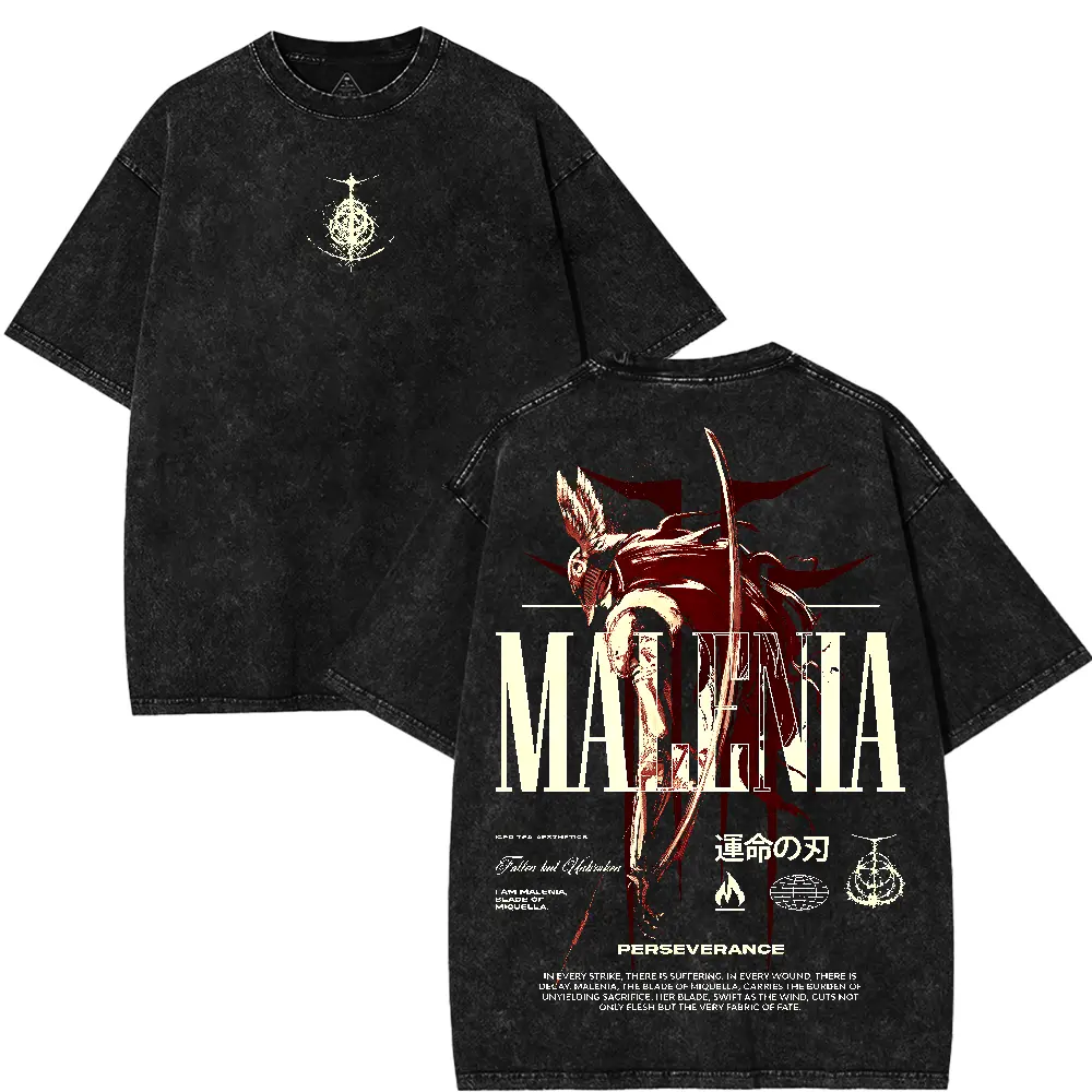 Elden Ring The Malenia Legacy Washed T-shirt Oversize 2 Sided Printting Washed Cotton, Shortsleeve Menswear Oversided Tee, Hoodie Merch Anime Top Fabric Oversized Casual Soft