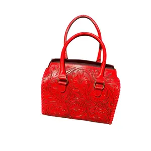 Medium 11” Red Floral Embossed Handbag with Dual Handles and Full Zip Closure-Matching Adjustable Strap