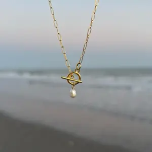 pearl toggle clasp paperclip necklace, 14k gold filled layering necklace