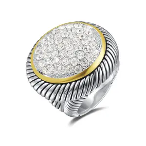 UNY JEWEL Jewelry Jumbo Huge Round Circle Twisted Cable Wire Double Split Shanks Two Tone Ring with Pave CZ Unique Design With Sparkling Stones Perfect For Women's Fashion