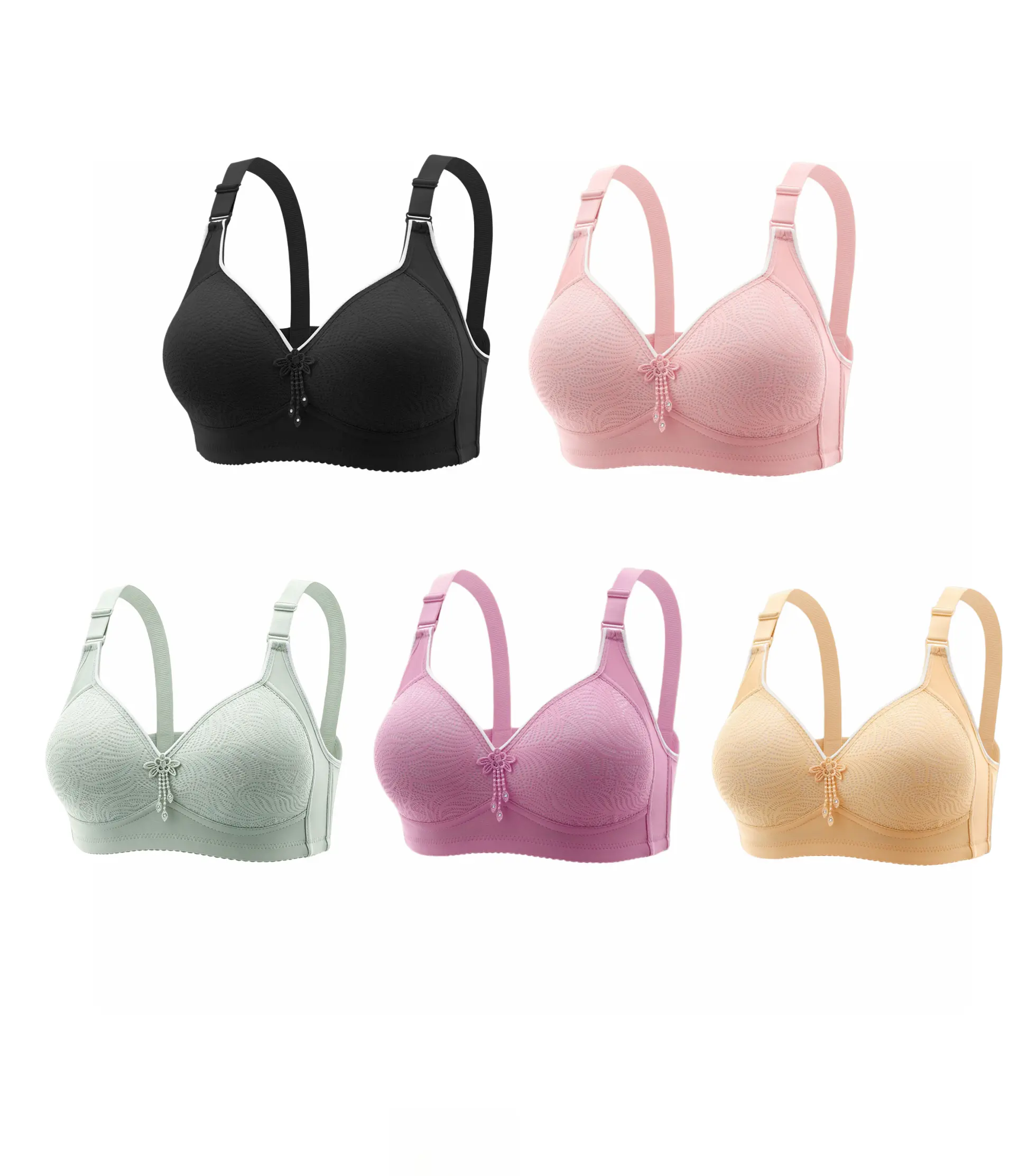 【5 Pcs】Everyday Essential Bra | No-Steel ，Lace Detail, Multi-Color Options – Comfort & Style in One Piece! Wirefree Bras Unlined Lace Bra