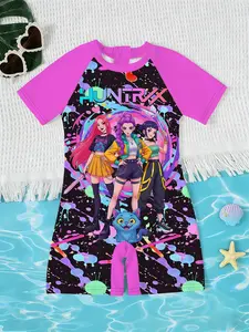 Girls Kpop Korean Style Jumpsuit, Cute Pet Graffiti Cartoon Print Short Sleeve Quick-Dry Swimsuit, Children Beach Sea Vacation Swimwear, Cartoon Graphics