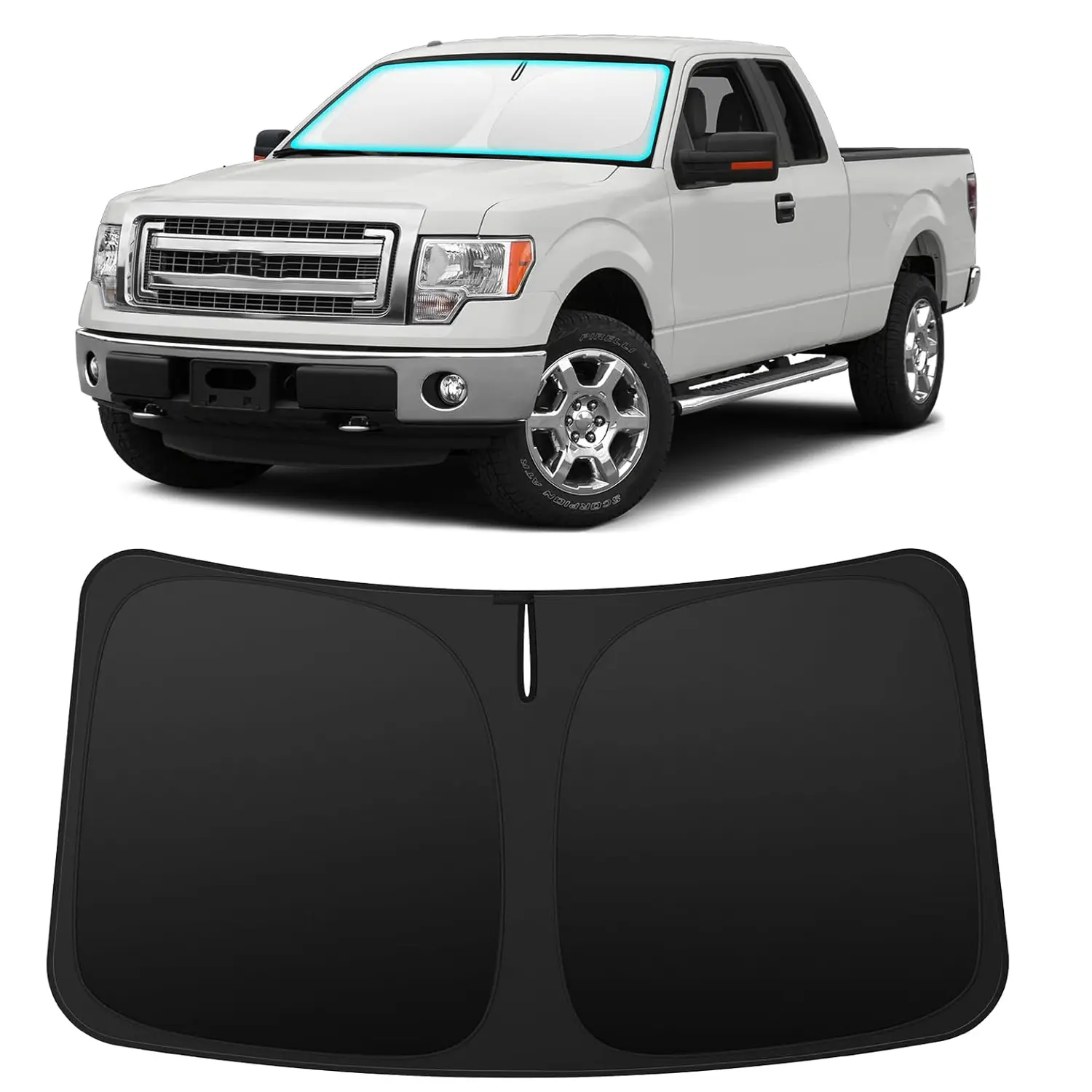 Custom Fit Windshield Sun Shade for Ford F150 F250 F350 F450, Detachable Rollable Visor-Mounted Cab Visor Sun Protection, UV Light Filtering Heat Reflector, Foldable Front Window Accessory with Storage Bag, Detachable Sun Protection Front Window, Rollable