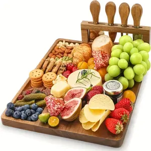 Premium Bamboo Charcuterie Board Set with 4 Stainless Steel Knives – Elegant Cheese Board & Serving Platter for Entertaining