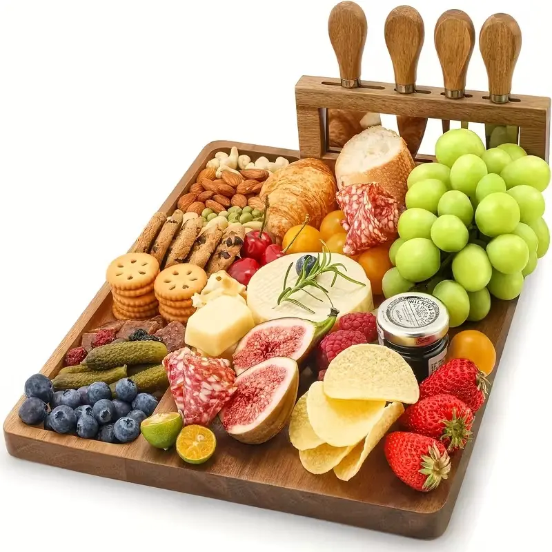 Premium Bamboo Charcuterie Board Set with 4 Stainless Steel Knives – Elegant Cheese Board & Serving Platter for Entertaining