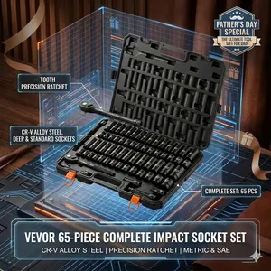 VEVOR 65PC Impact Socket Set 1/2" Drive. Metric & SAE Cr-V Alloy Steel 6-Point Master Kit. Sturdy Storage Case Included. Professional Mechanic Car Auto Repair Tools Garage Essentials For Men!