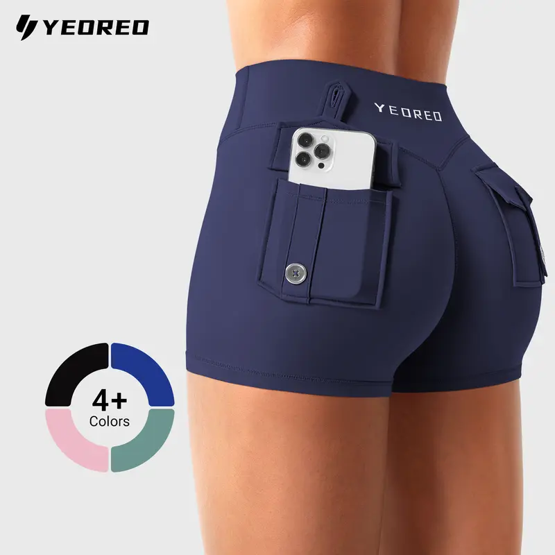 YEOREO CoreFlex Women's Lifting Support Active Shorts - Low Rise, Hidden Scrunch Booty Lifting, 2.5 in Cargo Pockets, No Padding, Everyday Fit, Sporty Chic Gym Wear, Stretchy,outdoorfun