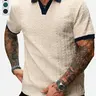 Men’s Vintage Contrast Color V-Neck Short-Sleeve Knitted Polo Shirt - Cream Textured Breathable Menswear Top, Casual Commuter Outdoor Wear, Unique Gifts for Man