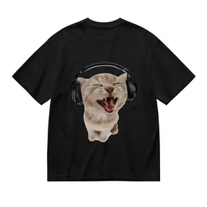 DJ Cat Meme T-Shirt, Headphones Kitten Graphic Cotton Tee, Music Lover Casual Top for Men Women