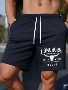 Men's Longhorn Western Print Shorts, Casual Fitted Style with Graphic Design, Retro All Seasons Wear for Men