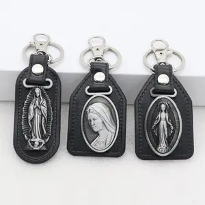 2pcs PU Leather Keychain Saint Christopher Charm Pendant Men Antique Bronze Plated Hook Keychain Car Keychain
