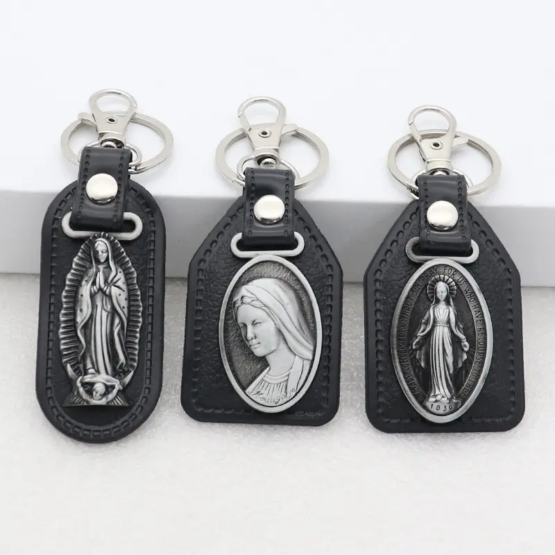 2pcs PU Leather Keychain Saint Christopher Charm Pendant Men Antique Bronze Plated Hook Keychain Car Keychain