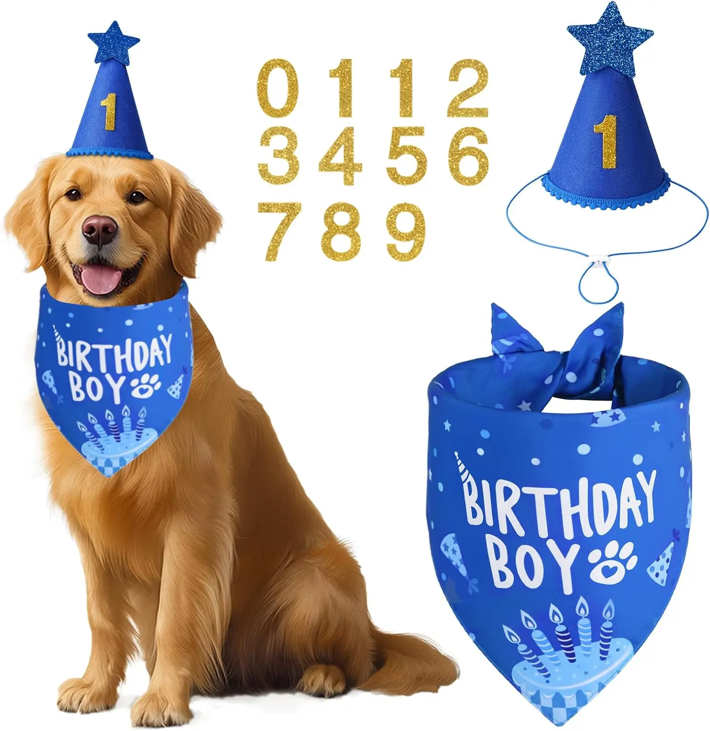 Reusable Polyester Dog Birthday Party Fabric Supplies Set - Blue, Easy-Clean, Double-Sided, Machine-Washable Kit with Velcro Reuse Hat, Bandana, Bling Pentagram, Bright Design Birthday ID Numbers for Medium-Large Boy Puppies (All Seasons)