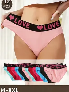 12 Seamless Letter Printed Color Blocked Triangle Pants, Sexy, Comfortable, Breathable And Elastic Underwear, Women's Underwear And Underwear, Assorted Colors - Fashionable & Stylish Design for Casual Attire, Comfortable Underwear, Elasticity Fabric