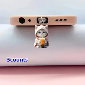 5 Piece Set Acrylic Phone Dust Plug Covers, Cute Cat Design Type-C Charger Protectors, Decorative Home Accessories for Phones, Dust Protection, Cute Phone Decoration, Acrylic Material, Phone Charm