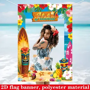 2D Flat 1PC Polyester Aloha Hawaii Face Cutout Photo Banner, Tropical Beach Surfboard Tiki Totem Design, Indoor Outdoor Use, Ideal For Luau Party, Summer Gathering Setup, Fun Interactive Photo Prop, Island Themed Event Background
