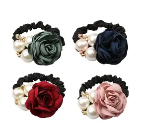 4Pcs Rose Pearl Hair Ties - Flower Rhinestone Black Elastic Ropes, Korean Fashion Scrunchies, Bands, Ponytail Holder - Handmade Boho Accessories for Women