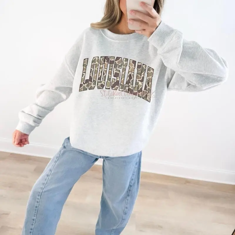 LOUISIANA Distressed Camo Arch Sweatshirt | Gildan Ash Grey | Cozy Southern Crewneck