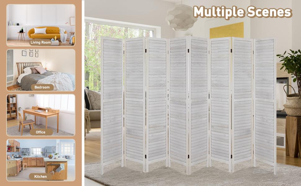 Fionafurn8PanelRoomDivider-FoldingPartitionPrivacyScreen,67"TallLouveredWoodWhiteDividerforHomeBedroomLivingRoomApartmentDorm,PortableFreestandingWallSeparator,NoAssemblyNeeded,360°Hinges,Light&AirFlow