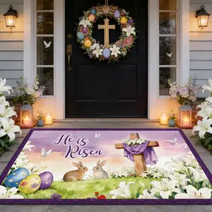 Easter Outdoor Front Door Mat, Religious Doormat, Easter Decorated with rabbit, purple cross and lily patterns, Entrance Carpet, "He is Risen" letter design home decor, Suitable for living room, kitchen, indoor/outdoor entrance, Easter gift