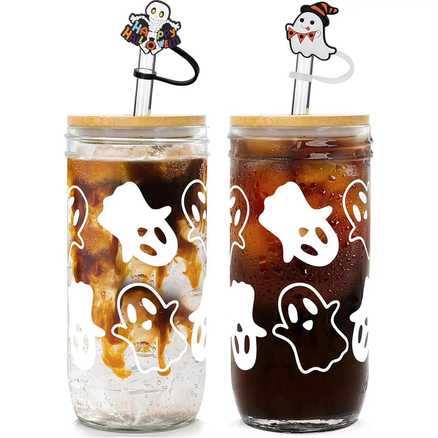 Halloween Cups, Ghost Decor 24 Oz Mug Mason Jar Glass with Lids and Straws Tumblers Coffee Cups Cookie Jar Boo Basket Stuffers for Adults, Halloween Cups for Adults, Ghost Cup