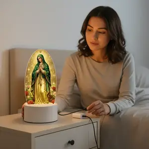 Guadalupe Virgin Night Light, USB Powered Acrylic LED Table Lamp, Flower Design Lamp, Mother Mary Floral Design, Church Office Bedside Decor, Perfect Gift Choice