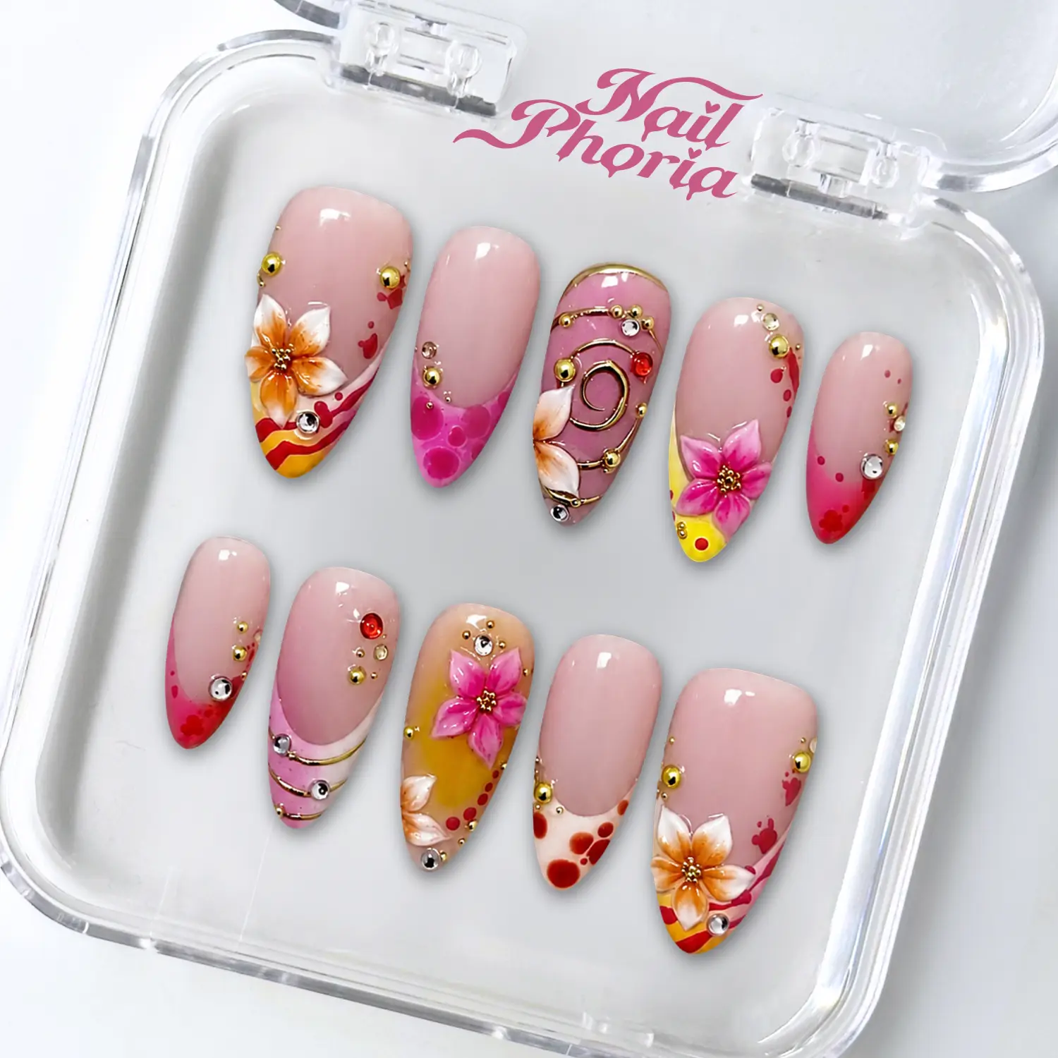 NailPhoria FIESTA PETAL -SUMMER Handmade Press-On Nails | Reusable, Salon-Quality, Long-Lasting, Glossy Design