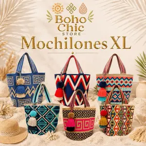 XL Wayuu Mochilón Tote  Artisan Handmade 14 H x 14 L x 4 W Geometric Design Durable Cotton Thread Open Top Boho Tassel