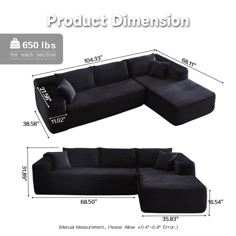 【2 Packages Shipping】Ovios 104" Plush Corduroy Cloud Velvet Modular Couch with Chaise & Ottoman, No Assembly Required - L/U-Shaped Sectional Sofa Set with Flexible Configuration - 104"W x 67.7"D x 30"H, 3 Seater 【2 Packages Shipping】Ovios 104" Plush Corduroy Cloud Velvet Modular Couch with Chaise & Ottoman, No Assembly Required - L/U-Shaped Sectional Sofa Set with Flexible Configuration - 104"W x 67.7"D x 30"H, 3 Seater