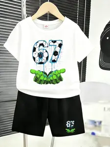 Kids' Summer Casual Set White Tee + Black Shorts with Soccer Drip-Style 67 Print, Cool & Trendy Versatile Outfit, Six Seven Makes Boys the Coolest for School, Soccer & Hangouts!#Boys Trendy Outfits #67 Themed Kids Wear