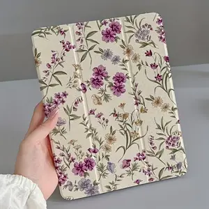 Light purple floral pattern, with adjustable bracket and pen slot, foldable non-slip TPU protective case, suitable for iPad mini, iPad Air, iPad Pro/iPad 10th generation, 11th generation and other series of iPad protective cases