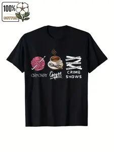 Unisex Crochet Graphic T-Shirt - 100% Cotton Coffee & Yarn Design Tee with "Crochet Crime Shows" Print, Soft Breathable Lightweight Regular Fit Crew Neck, Machine Washable Casual Summer Top for Men & Women, Crochet Clothes, Relaxed Fit Shirt, Playful Desi