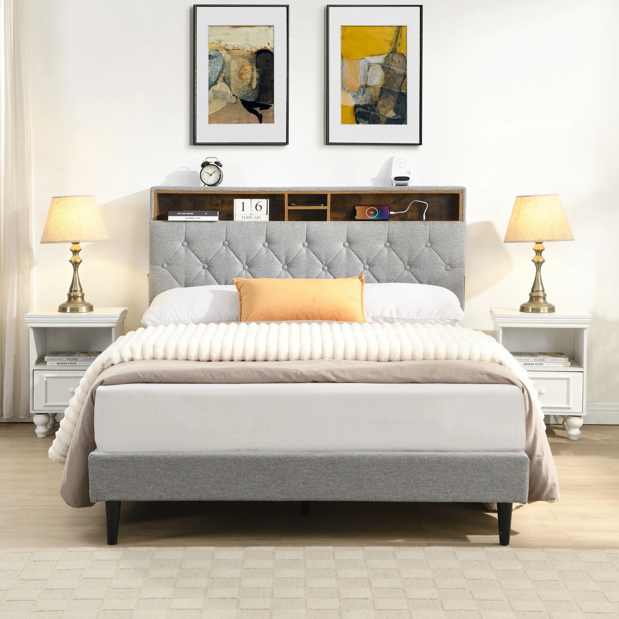 Queen Size Bed Frame with Storage Headboard and Charging Station, Linen Upholstered Queen Platform Bed with Wooden Slats, Noise-Free, No Box Spring Needed, Easy Assembly