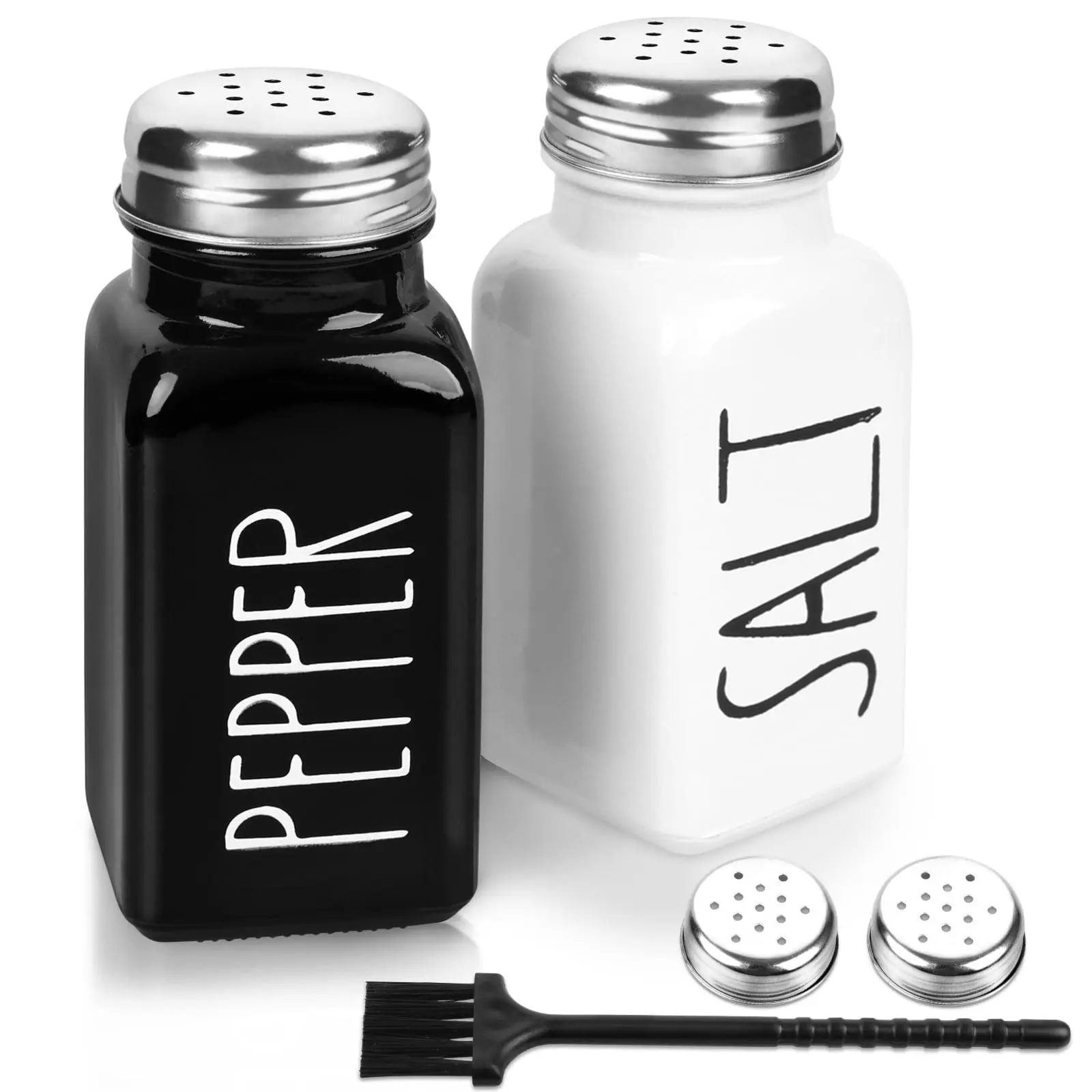 Set of 2 Glass Salt and Pepper Shakers with Stainless Steel Lids, Modern Cute Farmhouse Design in and, Ideal Kitchen Seasoning Jars, Kitchen Gadgets, Kitchenware