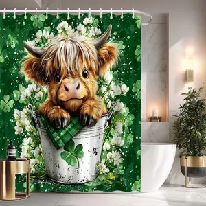 1pc St. Patrick'S Day Shower Curtain - Charming Highland Cow in Bucket with Shamrocks & White Flowers, Green Polyester Fabric Bathroom Decor, 70.8x70.8 Inch with 12pcs Hooks, Machine Washable Irish-Themed Bathtub Divider Curtain for St. Paddy'S Day