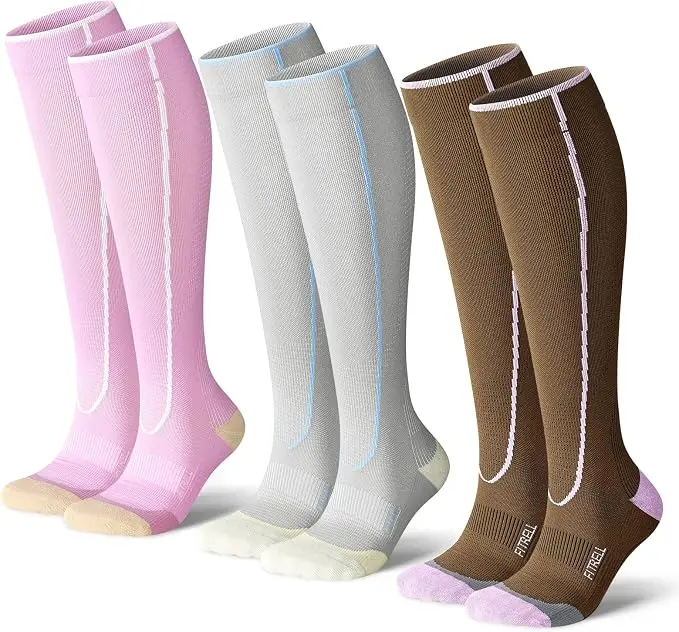 FITRELL Compression Socks 3 Pairs 20-30mmHg Support for Women and Men, Knee High Socks, Graduated Compression, Combed Cotton Toe & Heel, Breathable, For Running, Flying, Cycling, Travel, Daily