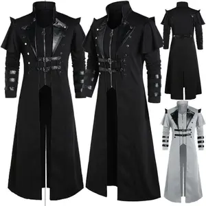 Mens Medieval Renaissance Punk Retro Long Slit Leather Coat for Stage Play Performance Photography Distressed Velvet Coats