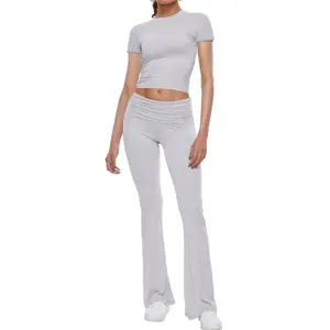 Women's 2 Piece Lounge Sets Fold-over Flare Pants Set Short Sleeve Crop Top Casual Outfits Comfy Loungewear Comfort Flat