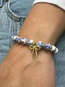 Vintage Elegant Bow Pendant Blue and Porcelain Handmade Beaded, Simple Daily Party Versatile Women's Jewelry Exquisite Bracelet