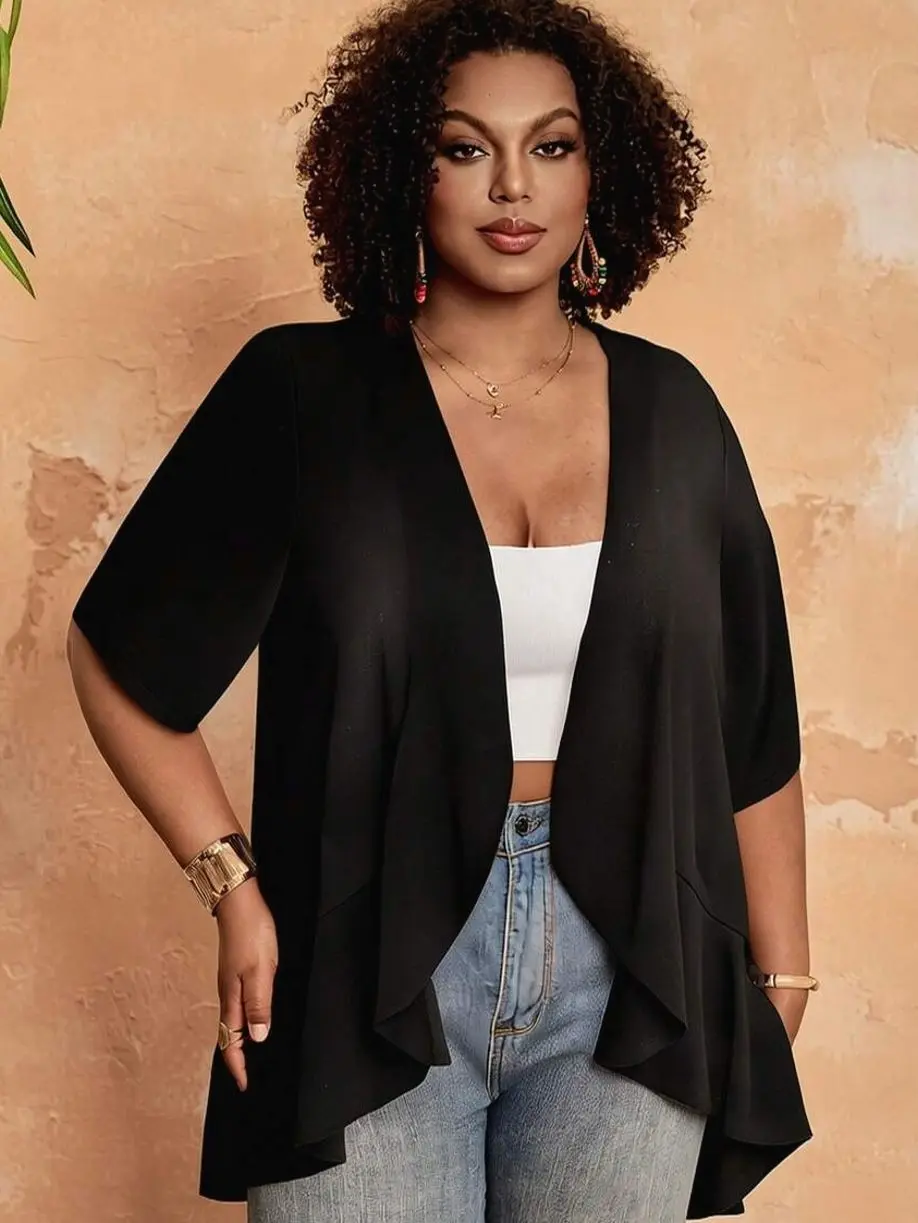 Plus Size Solid Open Front Kimono, Lightweight Cardigan Cover Up For Summer Beach Vacation